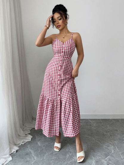 Women's Casual Plaid Strap Dress With Ruffle Hem & Single-Breasted
