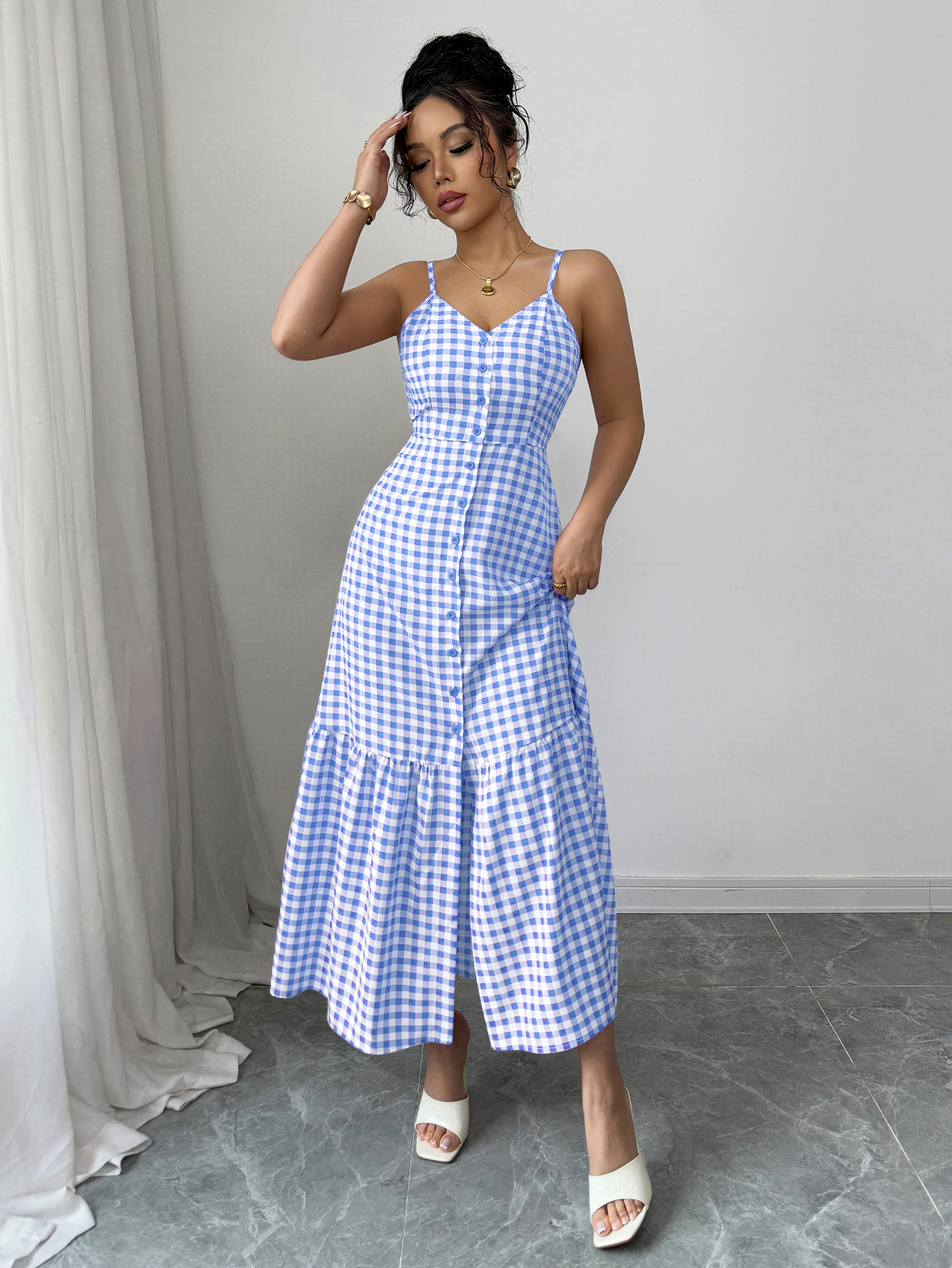 Women's Casual Plaid Strap Dress With Ruffle Hem & Single-Breasted