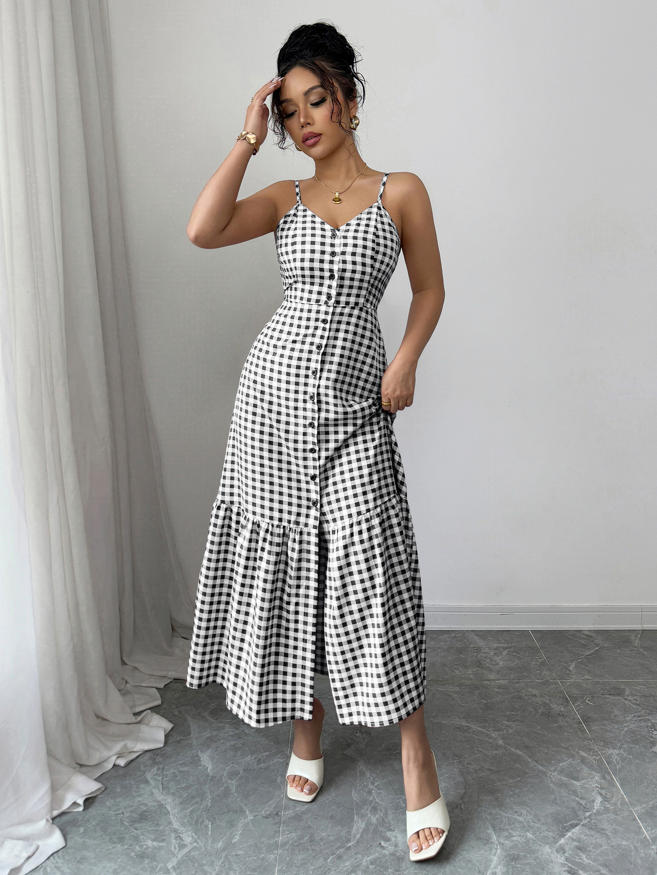 Women's Casual Plaid Strap Dress With Ruffle Hem & Single-Breasted