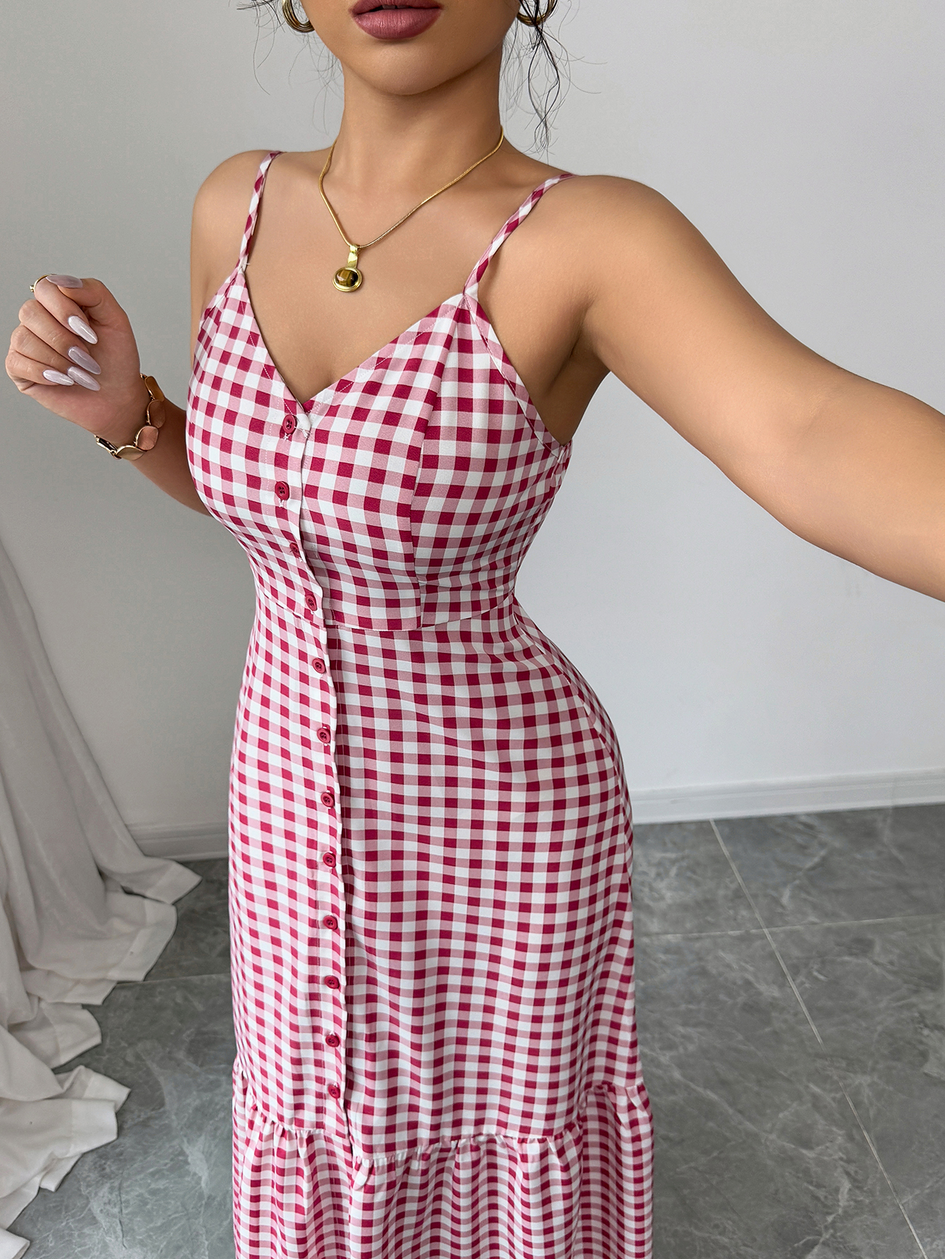 Women's Casual Plaid Strap Dress With Ruffle Hem & Single-Breasted