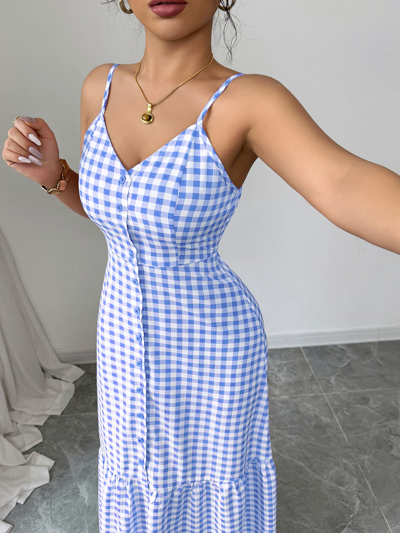 Women's Casual Plaid Strap Dress With Ruffle Hem & Single-Breasted