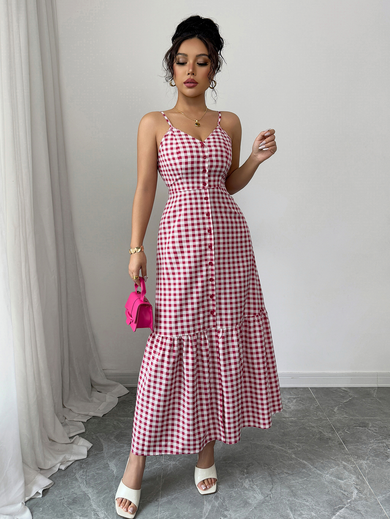 Women's Casual Plaid Strap Dress With Ruffle Hem & Single-Breasted