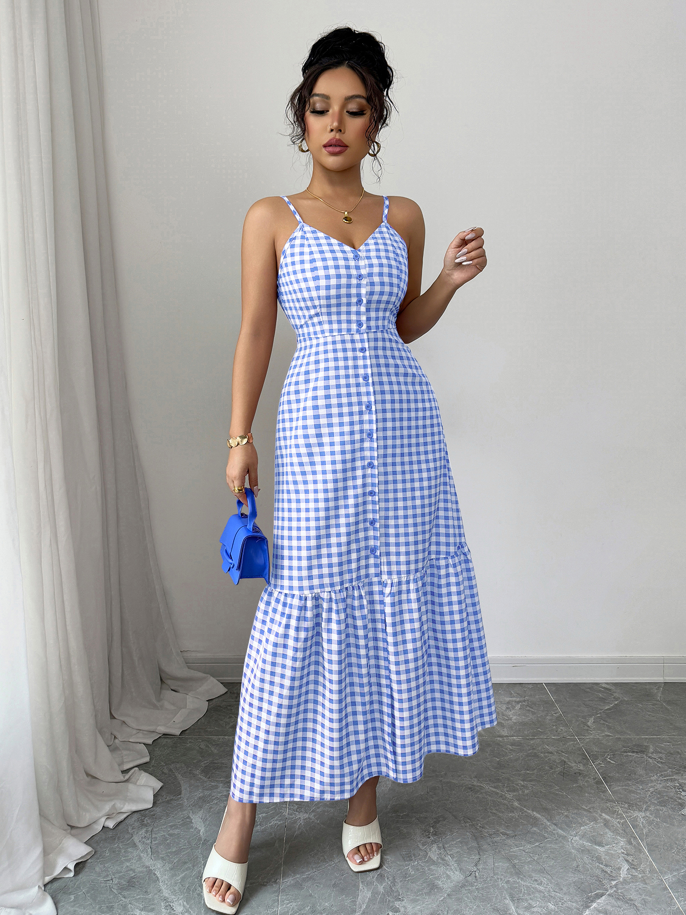 Women's Casual Plaid Strap Dress With Ruffle Hem & Single-Breasted
