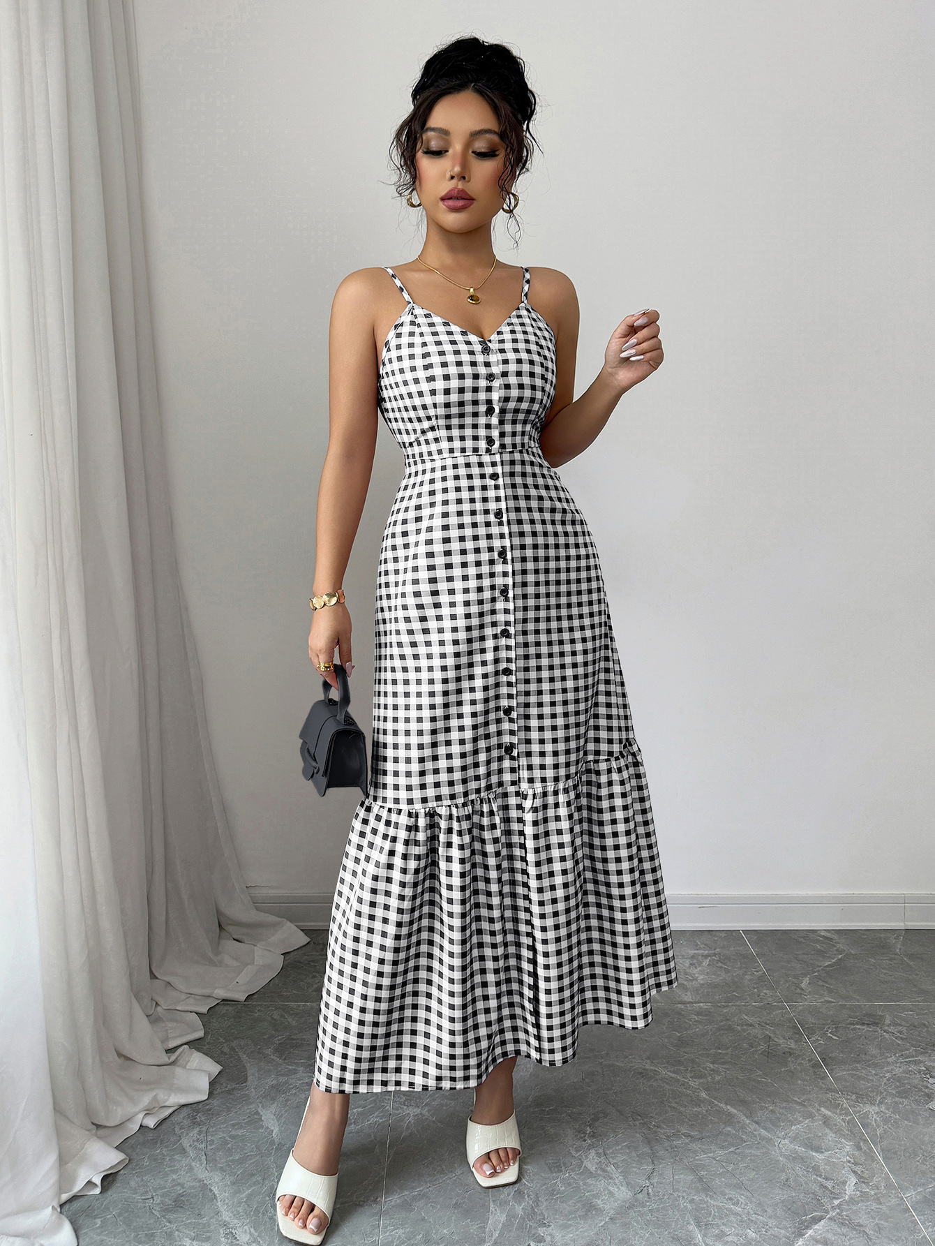 Women's Casual Plaid Strap Dress With Ruffle Hem & Single-Breasted
