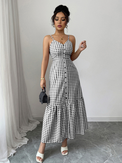 Women's Casual Plaid Strap Dress With Ruffle Hem & Single-Breasted