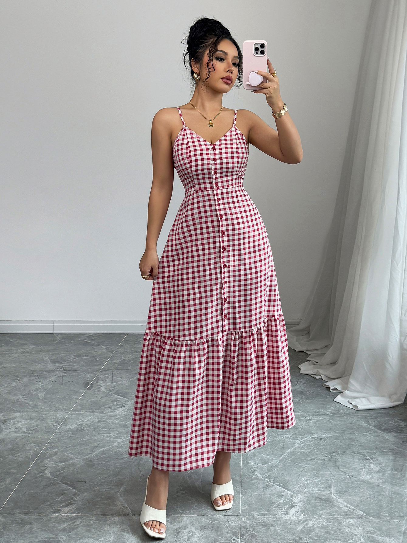 Women's Casual Plaid Strap Dress With Ruffle Hem & Single-Breasted