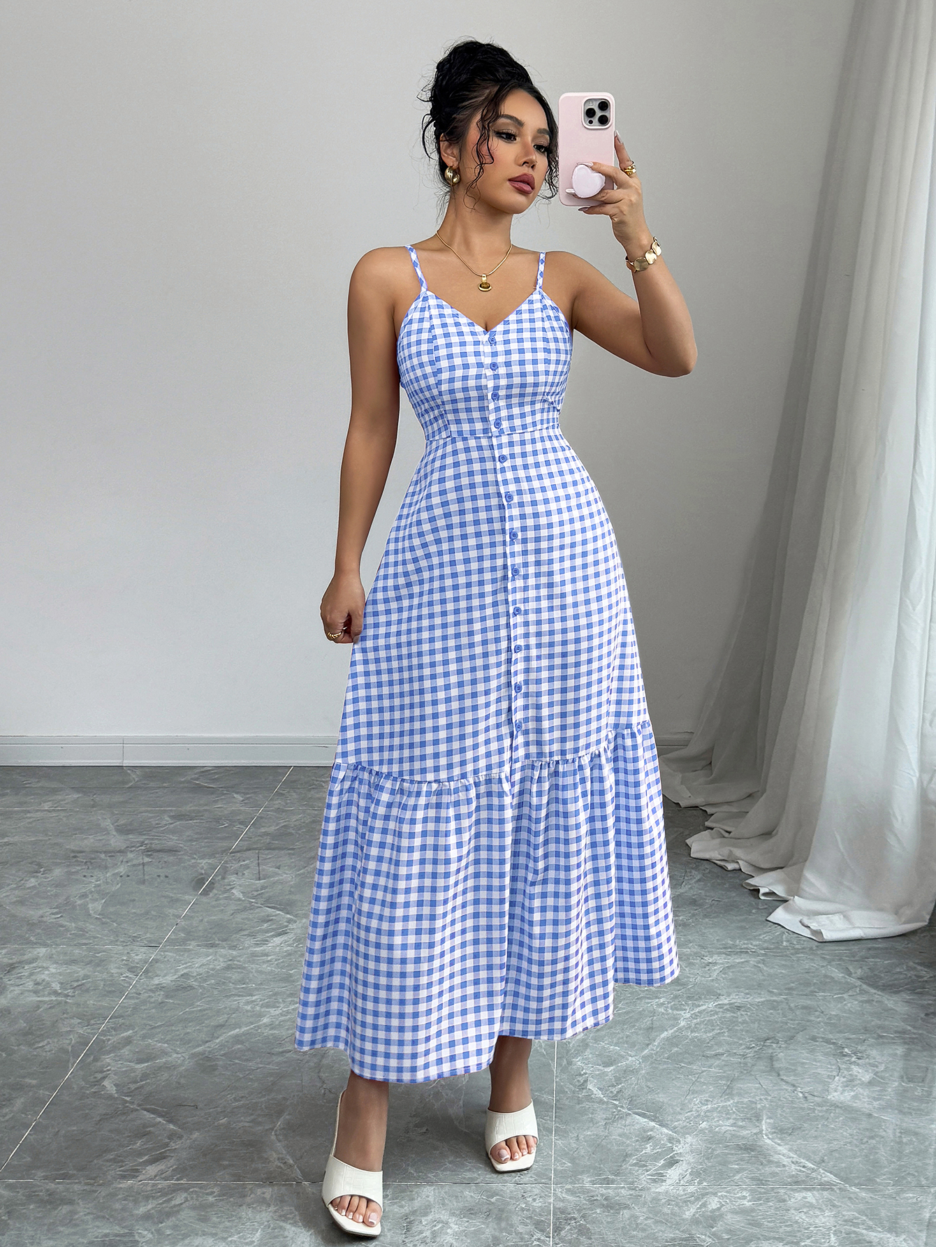 Women's Casual Plaid Strap Dress With Ruffle Hem & Single-Breasted