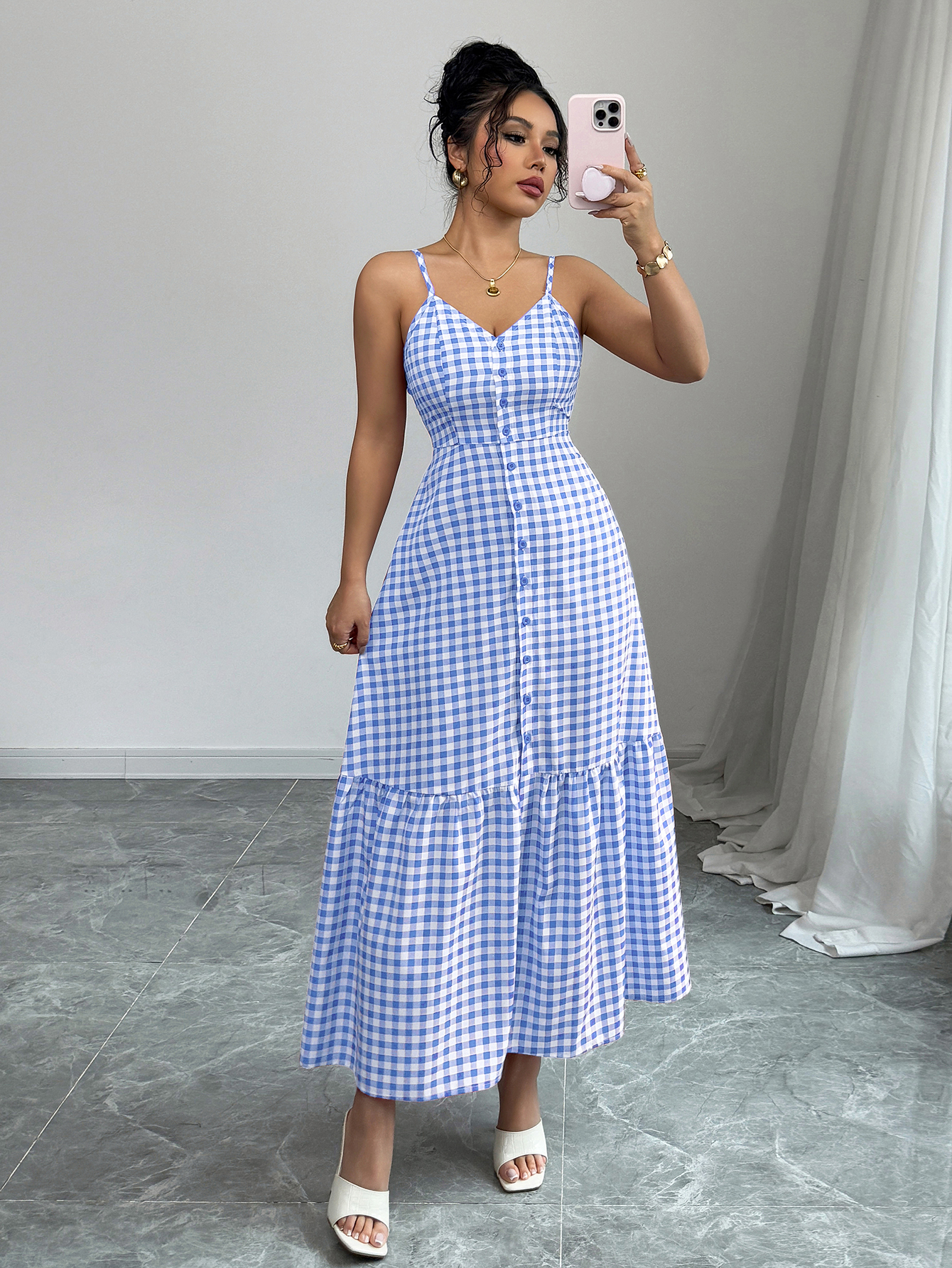 Women's Casual Plaid Strap Dress With Ruffle Hem & Single-Breasted