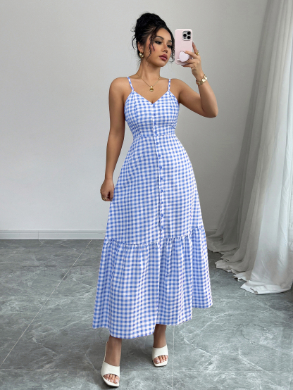 Women's Casual Plaid Strap Dress With Ruffle Hem & Single-Breasted