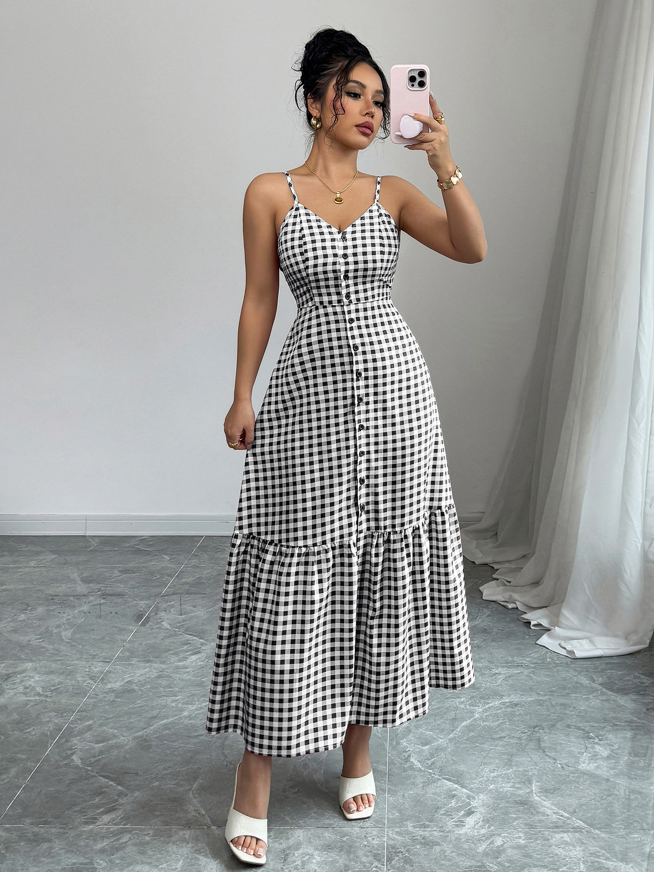 Women's Casual Plaid Strap Dress With Ruffle Hem & Single-Breasted