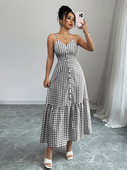 Women's Casual Plaid Strap Dress With Ruffle Hem & Single-Breasted
