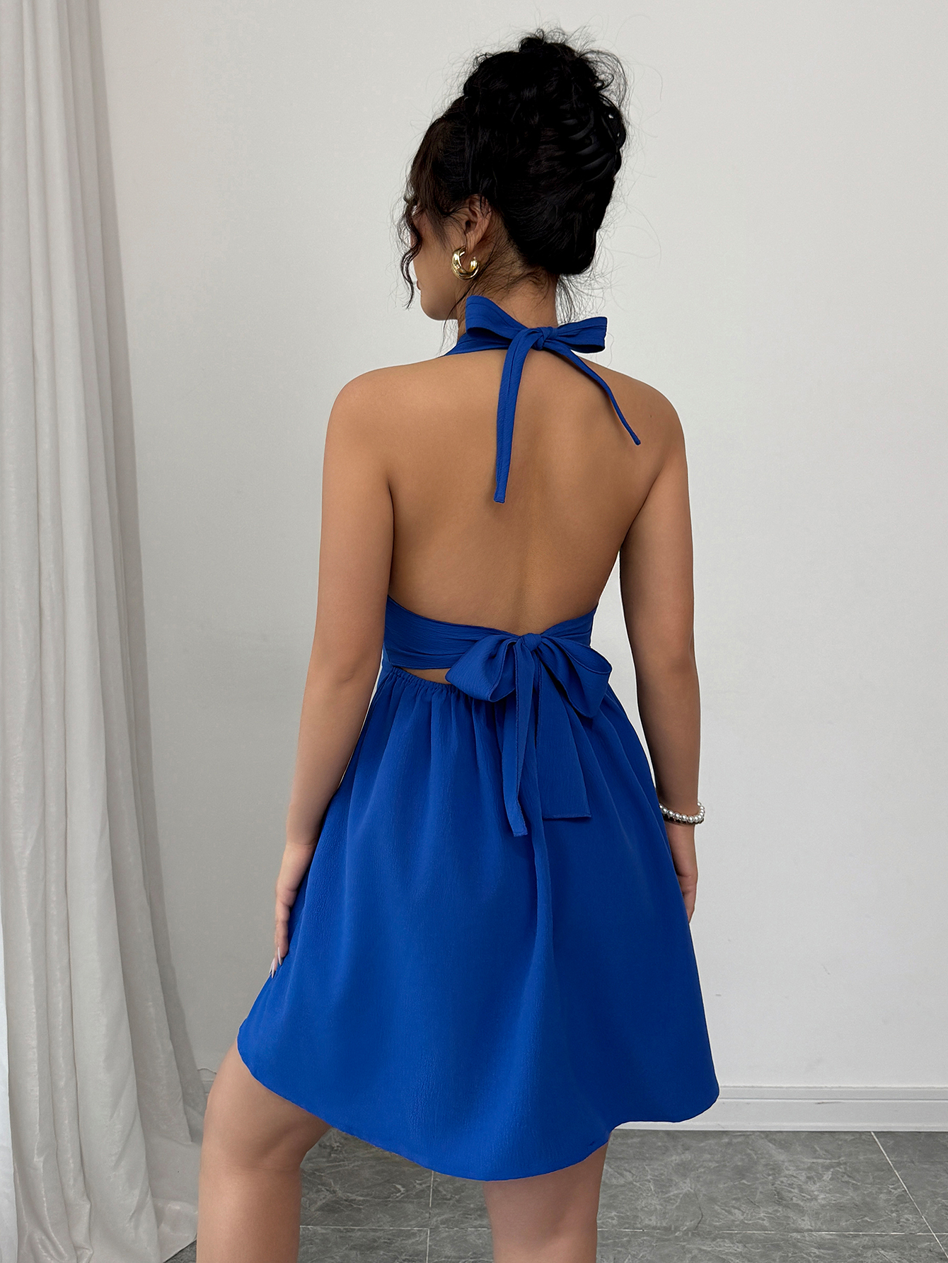 Elenzga Elegant & Sexy Solid Color Backless Tie Neck Sleeveless Dress