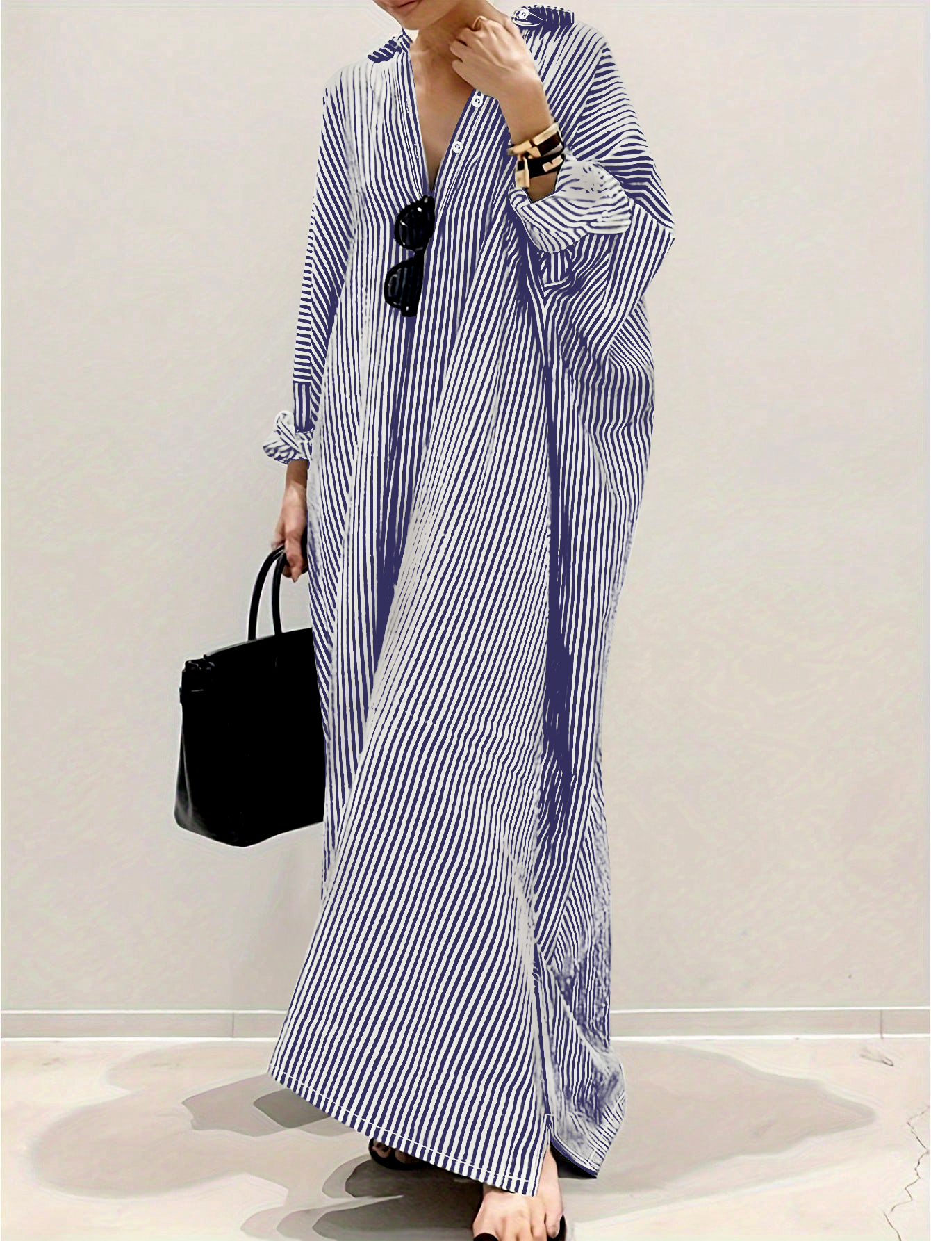 XH562 Women's Colorblock Striped Single Breasted Long Sleeve Loose Summer Vacation Style Dress Maxi Women Outfit Fall Cloth For Women