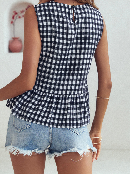 Women's Checkered Ruffle Hem Sleeveless Blouse Peplum Top
