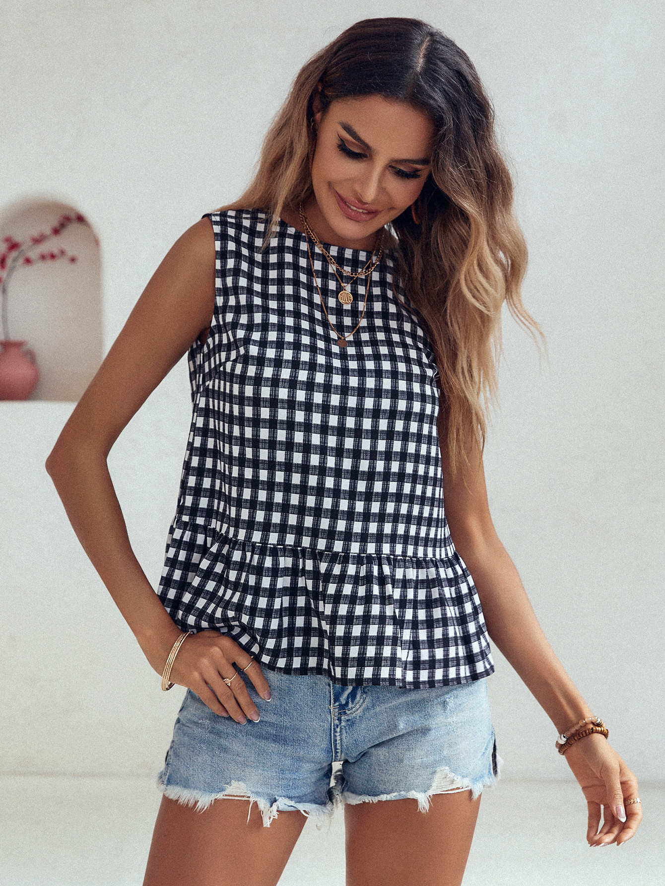 Women's Checkered Ruffle Hem Sleeveless Blouse Peplum Top