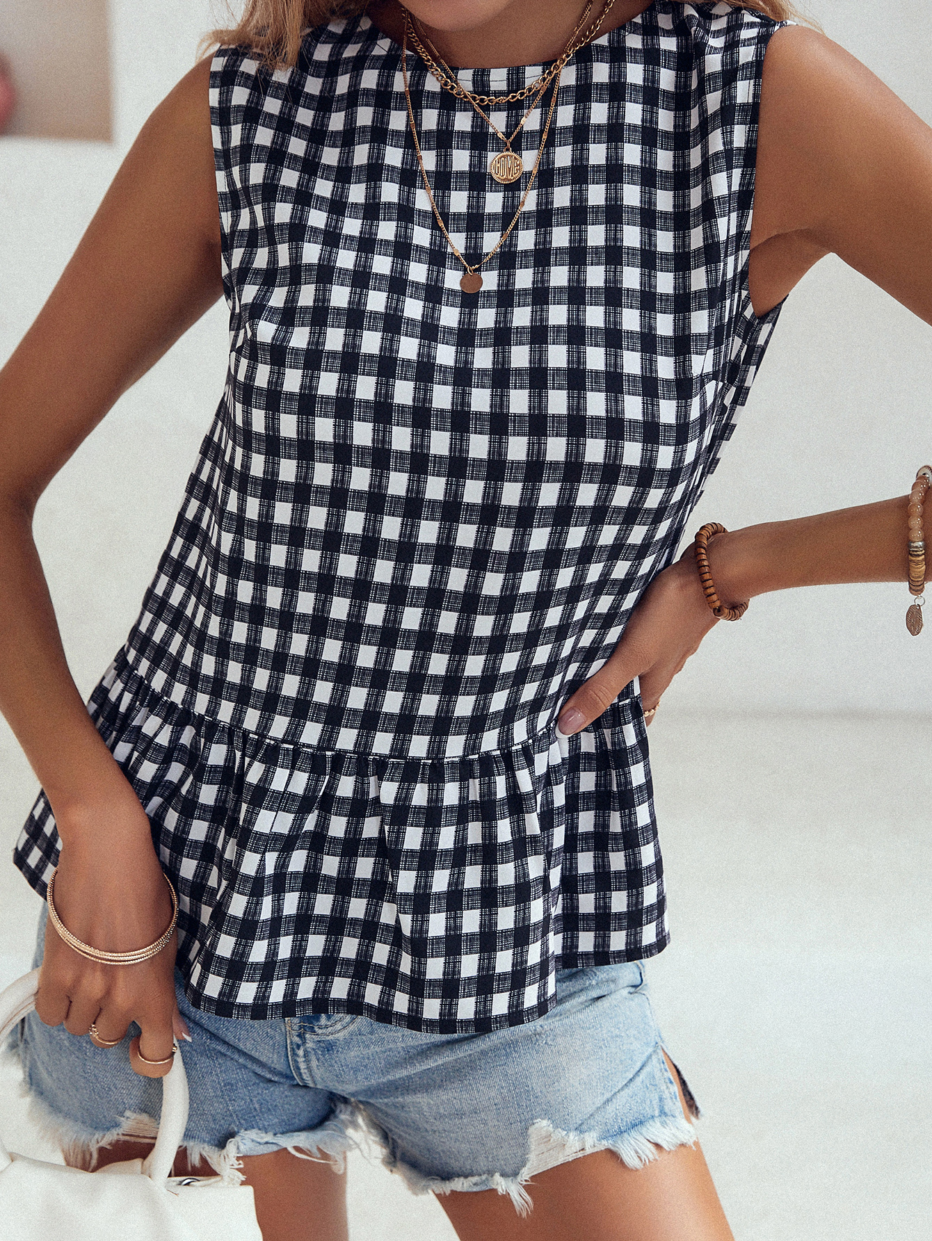 Women's Checkered Ruffle Hem Sleeveless Blouse Peplum Top