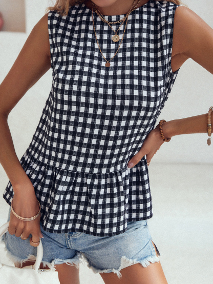 Women's Checkered Ruffle Hem Sleeveless Blouse Peplum Top