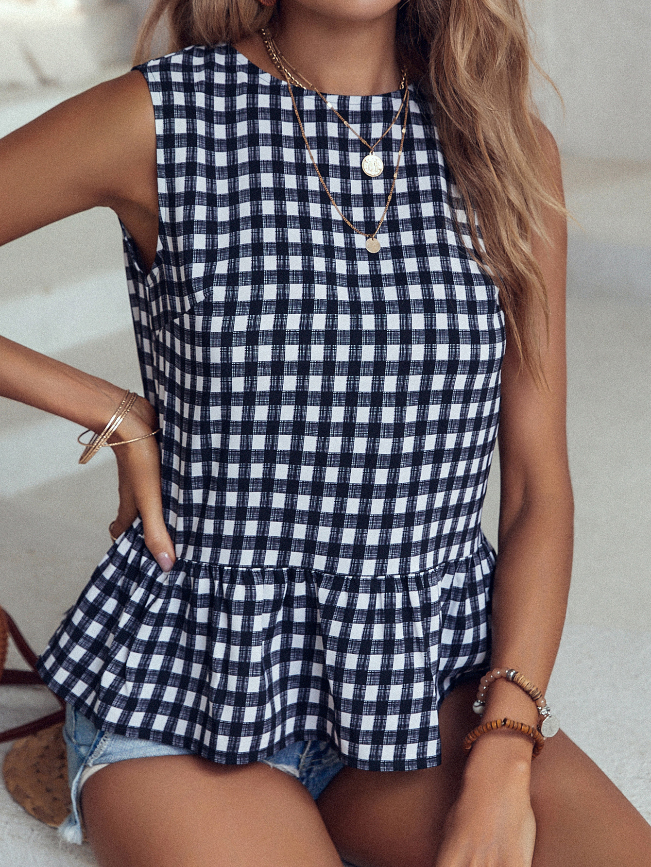 Women's Checkered Ruffle Hem Sleeveless Blouse Peplum Top