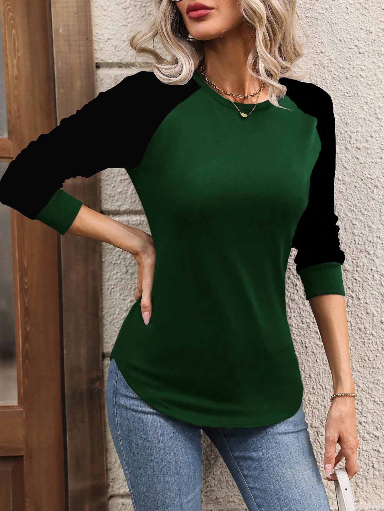 XH199 Women Casual Color Block Raglan Sleeve Long Sleeve T-Shirt, For Autumn Daily Wear Graphic Tees Women Tops For Spring Outfit