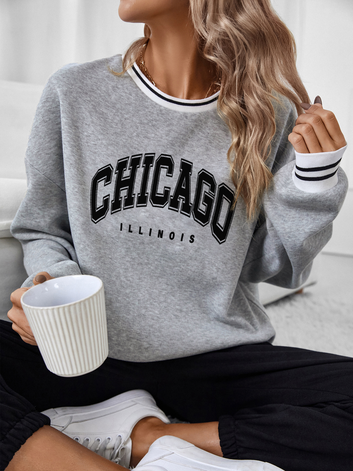 SW546 Letter Graphic Striped Trim Drop Shoulder Pullover,Long Sleeve Tops Graduation,Back To School Outfits,Graduation,Teacher Outfits For Women,Back To School Fall Outfit(Can be customized printing)