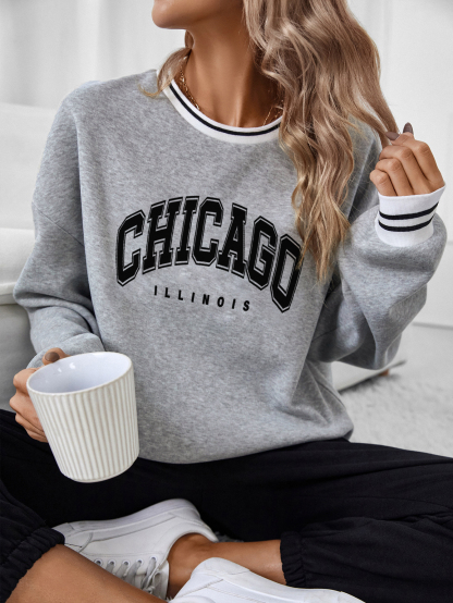 SW546 Letter Graphic Striped Trim Drop Shoulder Pullover,Long Sleeve Tops Graduation,Back To School Outfits,Graduation,Teacher Outfits For Women,Back To School Fall Outfit(Can be customized printing)