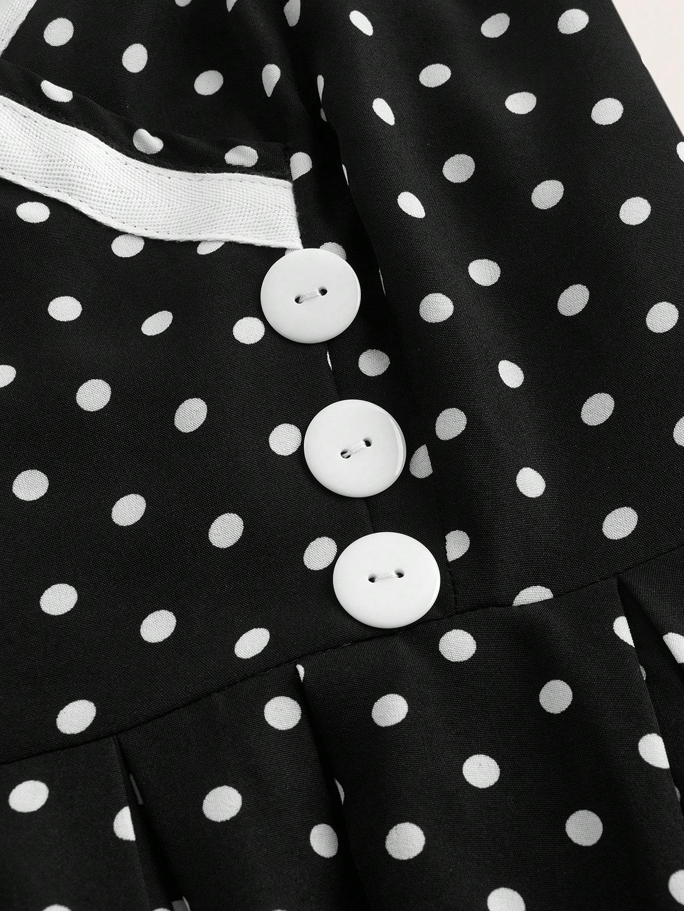 XD204 Women Summer Button Decor Polka Dot Print Halter Neck Tie Waist Dress Maxi Women Outfit