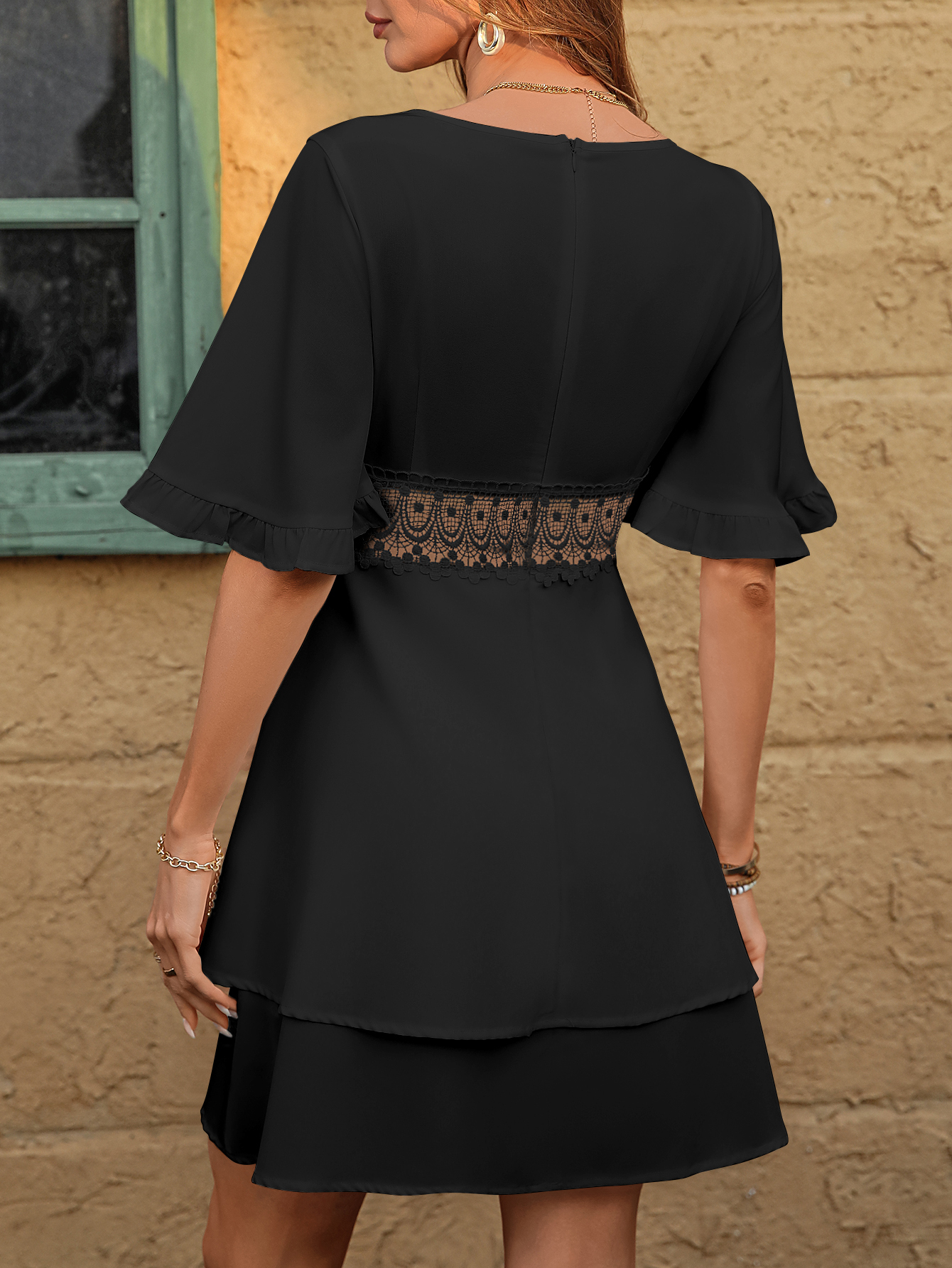 XD568 Clasi Women's V-Neck Ruffle Sleeve Lace Patchwork Dress