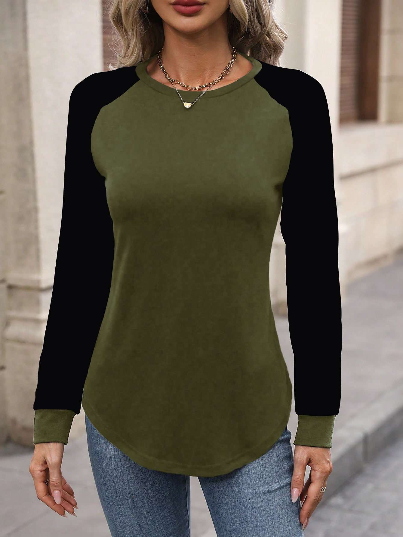 XH199 Women Casual Color Block Raglan Sleeve Long Sleeve T-Shirt, For Autumn Daily Wear Graphic Tees Women Tops For Spring Outfit