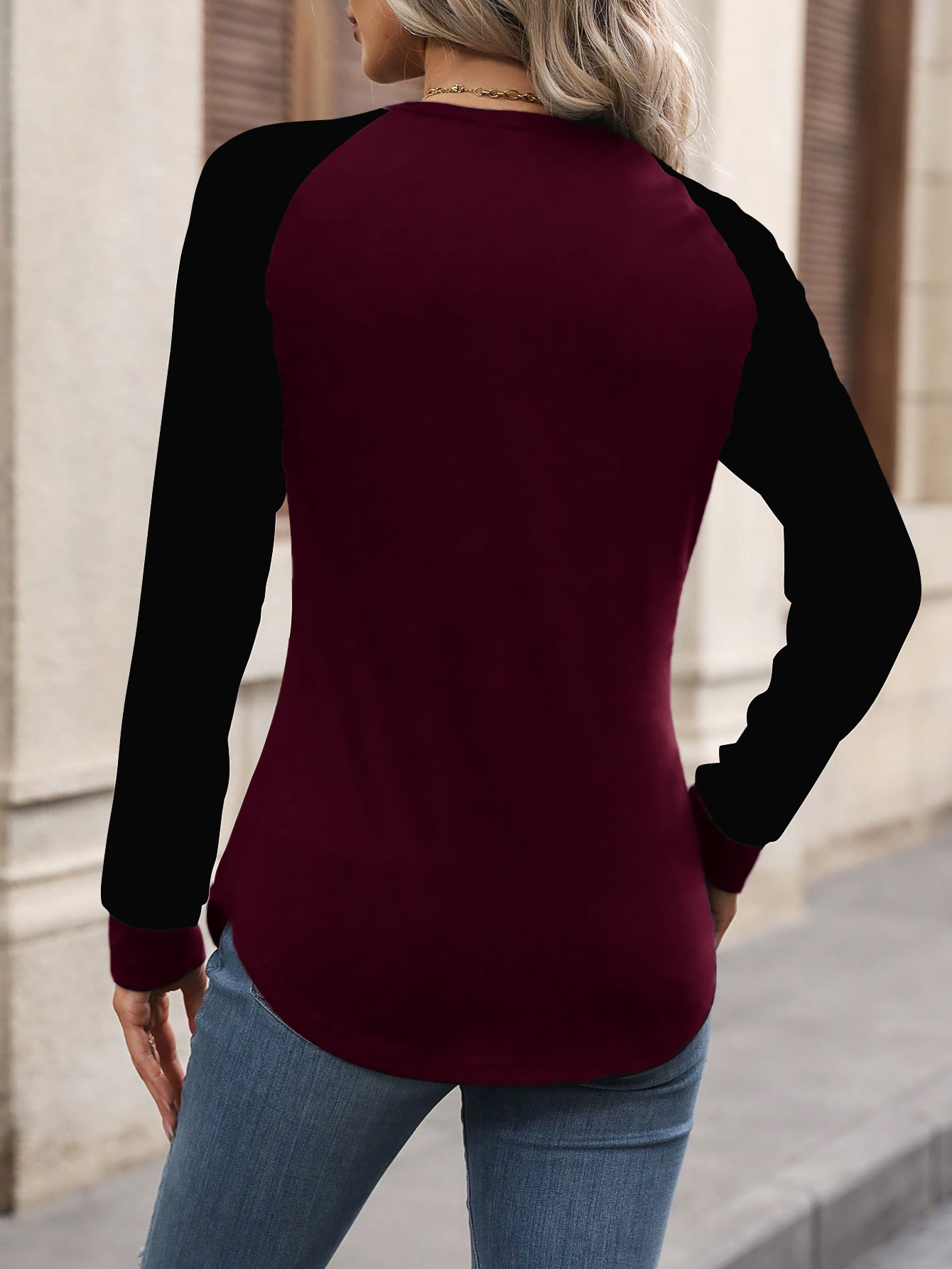 XH199 Women Casual Color Block Raglan Sleeve Long Sleeve T-Shirt, For Autumn Daily Wear Graphic Tees Women Tops For Spring Outfit