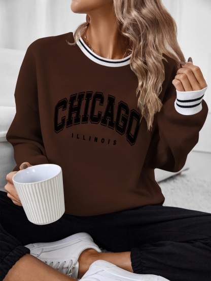 SW546 Letter Graphic Striped Trim Drop Shoulder Pullover,Long Sleeve Tops Graduation,Back To School Outfits,Graduation,Teacher Outfits For Women,Back To School Fall Outfit(Can be customized printing)