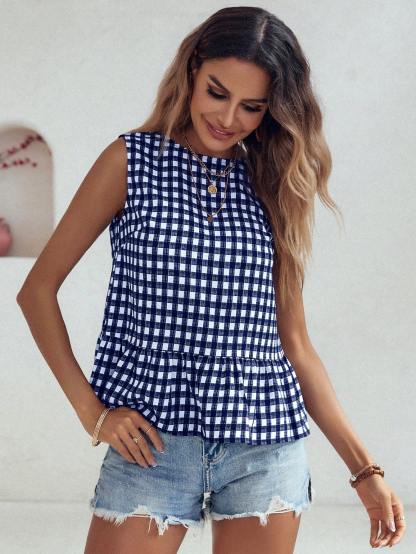 Women's Checkered Ruffle Hem Sleeveless Blouse Peplum Top