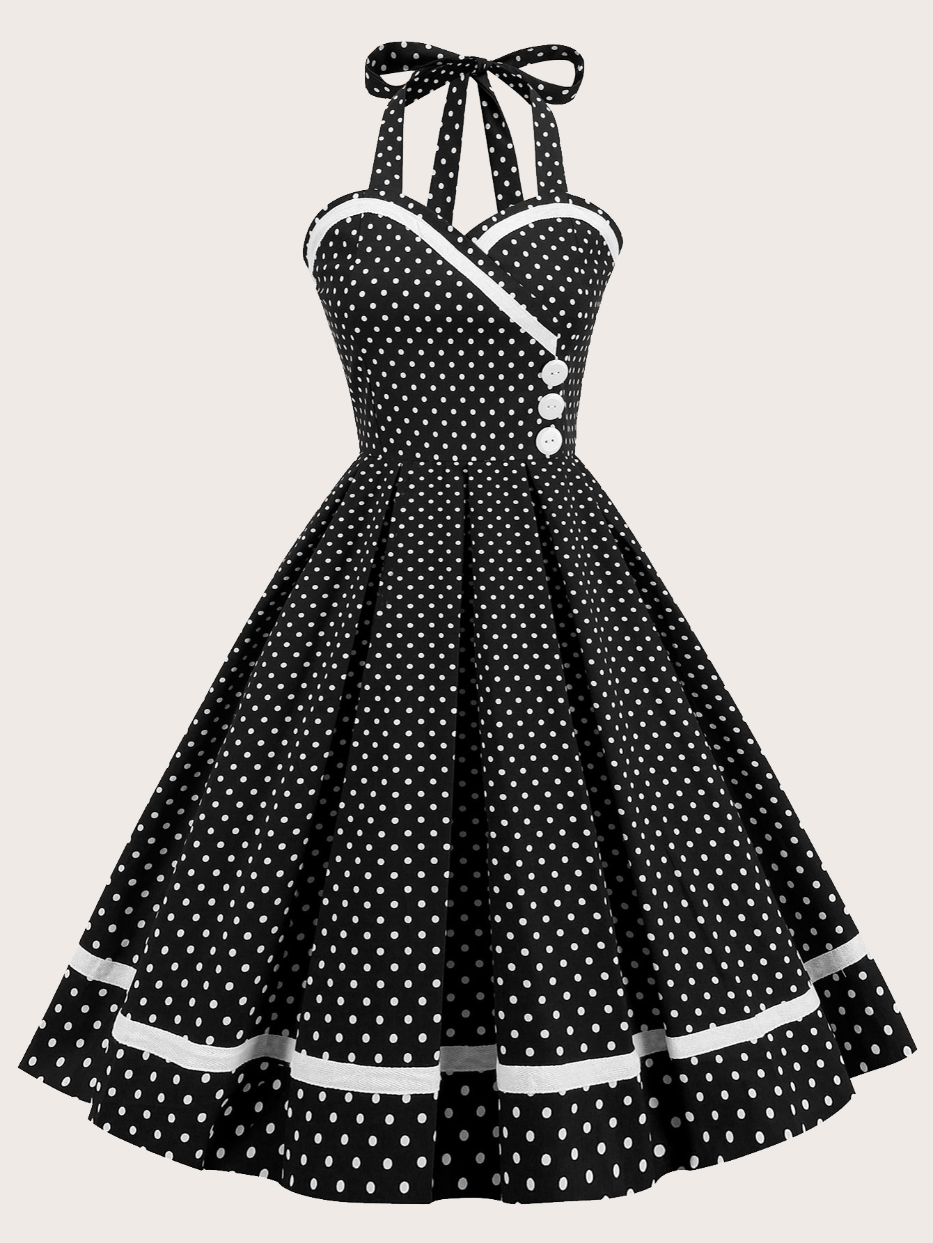 XD204 Women Summer Button Decor Polka Dot Print Halter Neck Tie Waist Dress Maxi Women Outfit