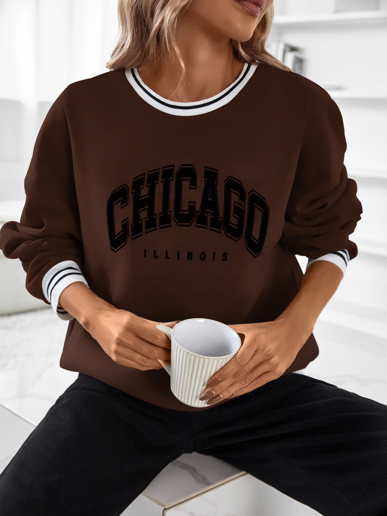 SW546 Letter Graphic Striped Trim Drop Shoulder Pullover,Long Sleeve Tops Graduation,Back To School Outfits,Graduation,Teacher Outfits For Women,Back To School Fall Outfit(Can be customized printing)