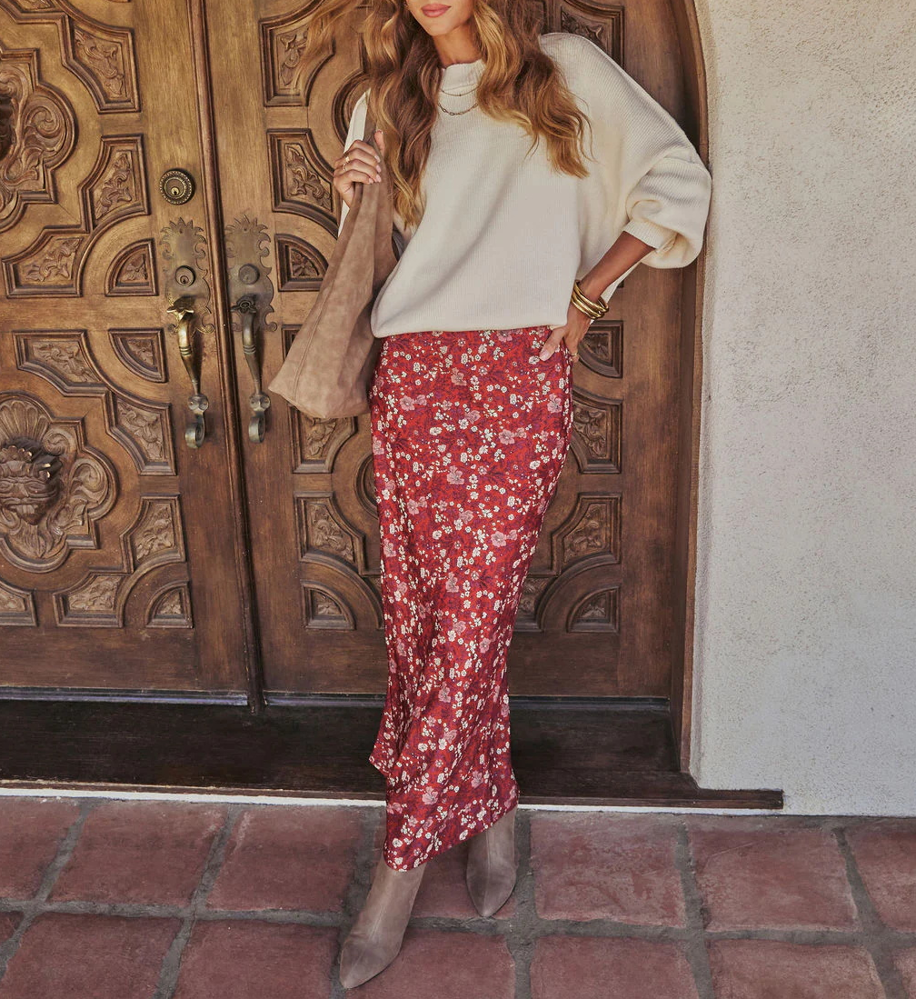 XD762 Floral Print Skirt, Warm Gradient Print Long Midi Skirt