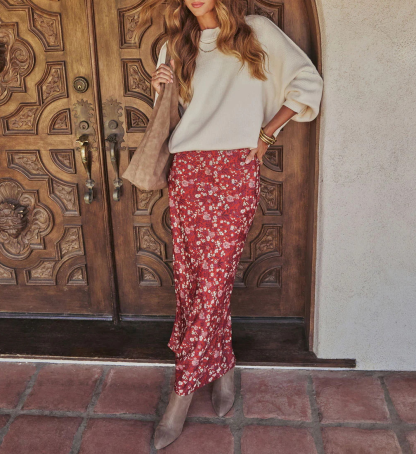 XD762 Floral Print Skirt, Warm Gradient Print Long Midi Skirt