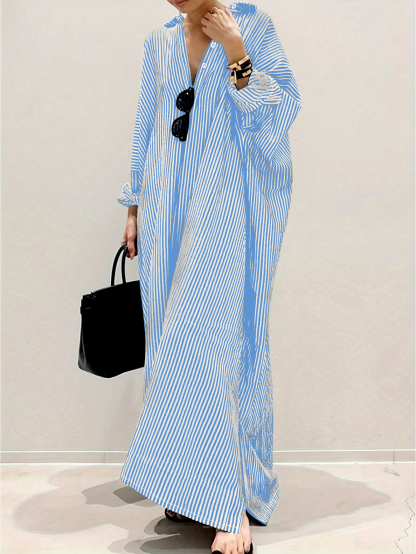 XH562 Women's Colorblock Striped Single Breasted Long Sleeve Loose Summer Vacation Style Dress Maxi Women Outfit Fall Cloth For Women