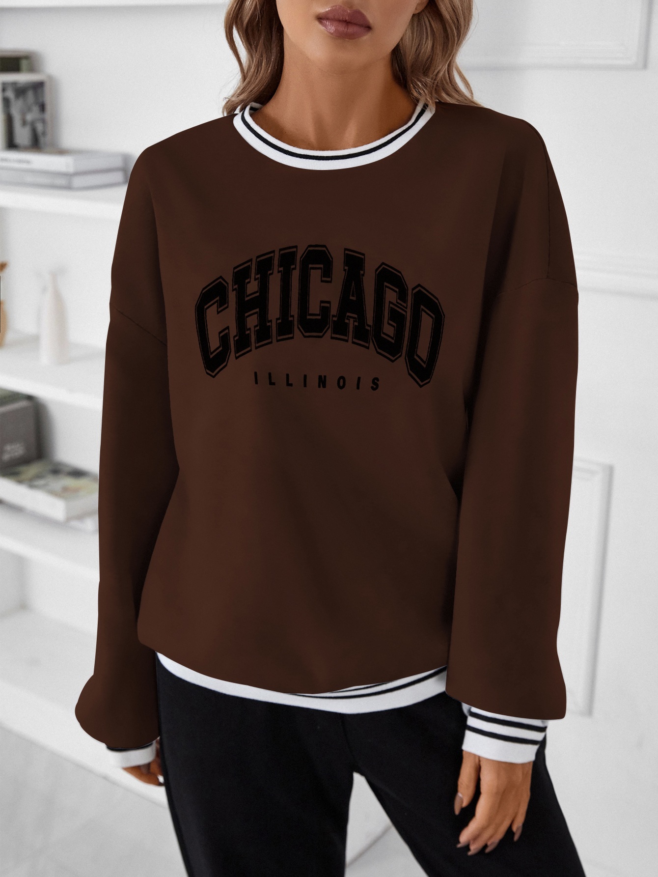 SW546 Letter Graphic Striped Trim Drop Shoulder Pullover,Long Sleeve Tops Graduation,Back To School Outfits,Graduation,Teacher Outfits For Women,Back To School Fall Outfit(Can be customized printing)