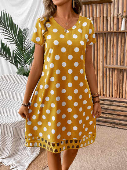 Women's Polka Dot Printed V-Neck Short Sleeve Dress