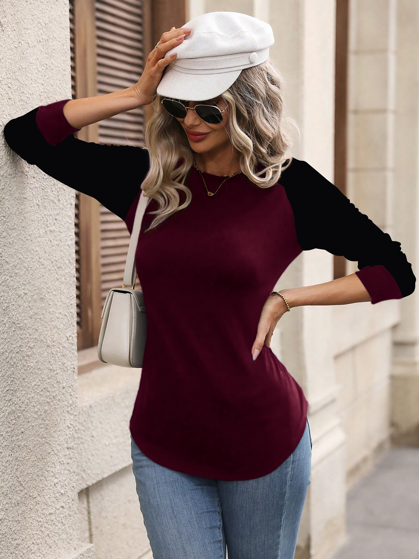 XH199 Women Casual Color Block Raglan Sleeve Long Sleeve T-Shirt, For Autumn Daily Wear Graphic Tees Women Tops For Spring Outfit