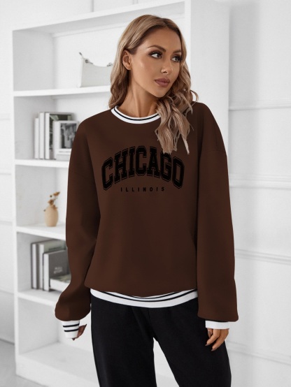 SW546 Letter Graphic Striped Trim Drop Shoulder Pullover,Long Sleeve Tops Graduation,Back To School Outfits,Graduation,Teacher Outfits For Women,Back To School Fall Outfit(Can be customized printing)