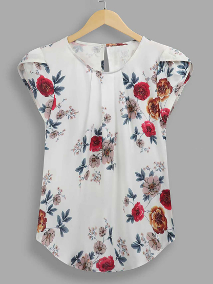 Holidaya Floral Print Pleated Cap Sleeve Top