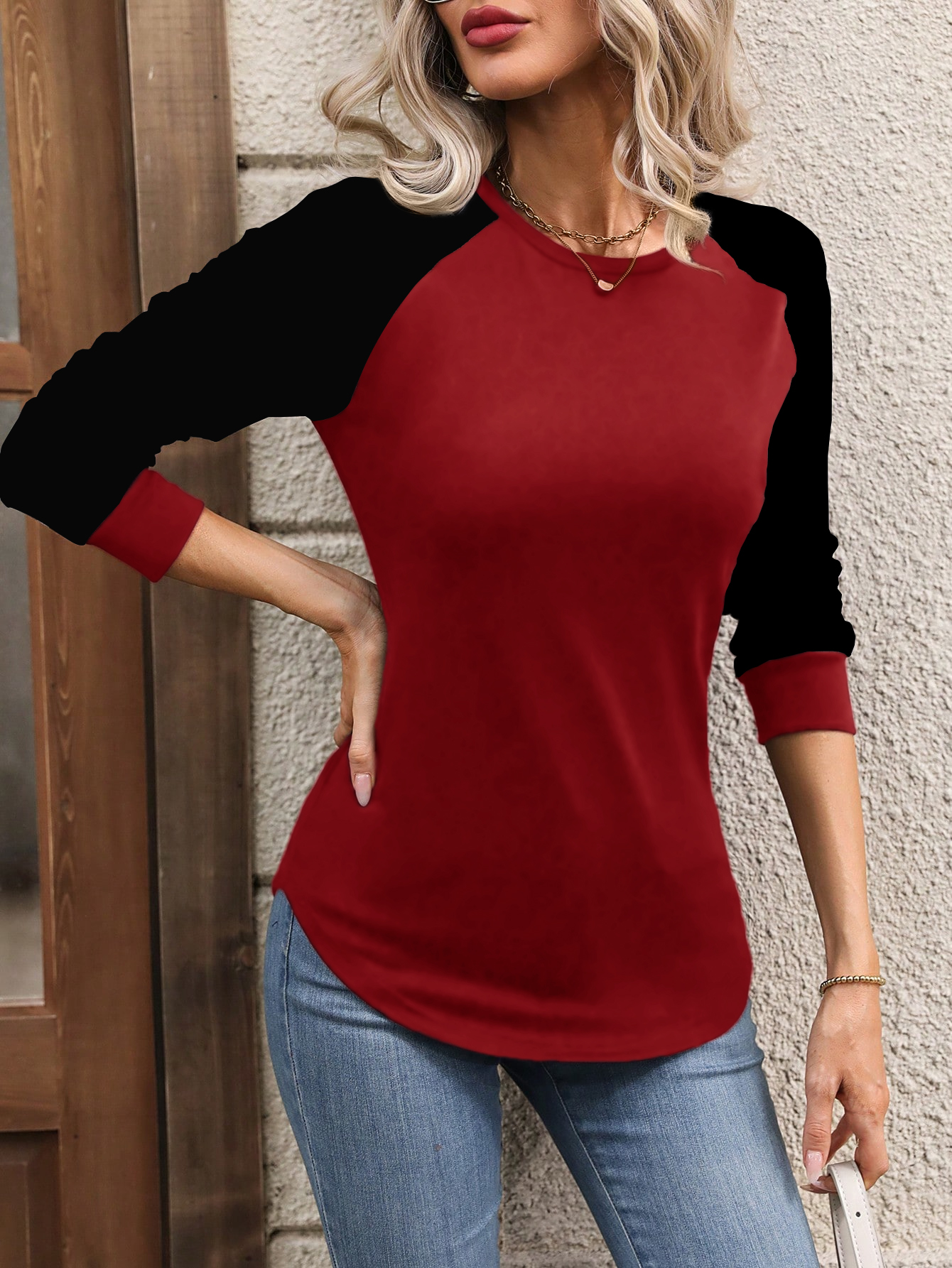 XH199 Women Casual Color Block Raglan Sleeve Long Sleeve T-Shirt, For Autumn Daily Wear Graphic Tees Women Tops For Spring Outfit