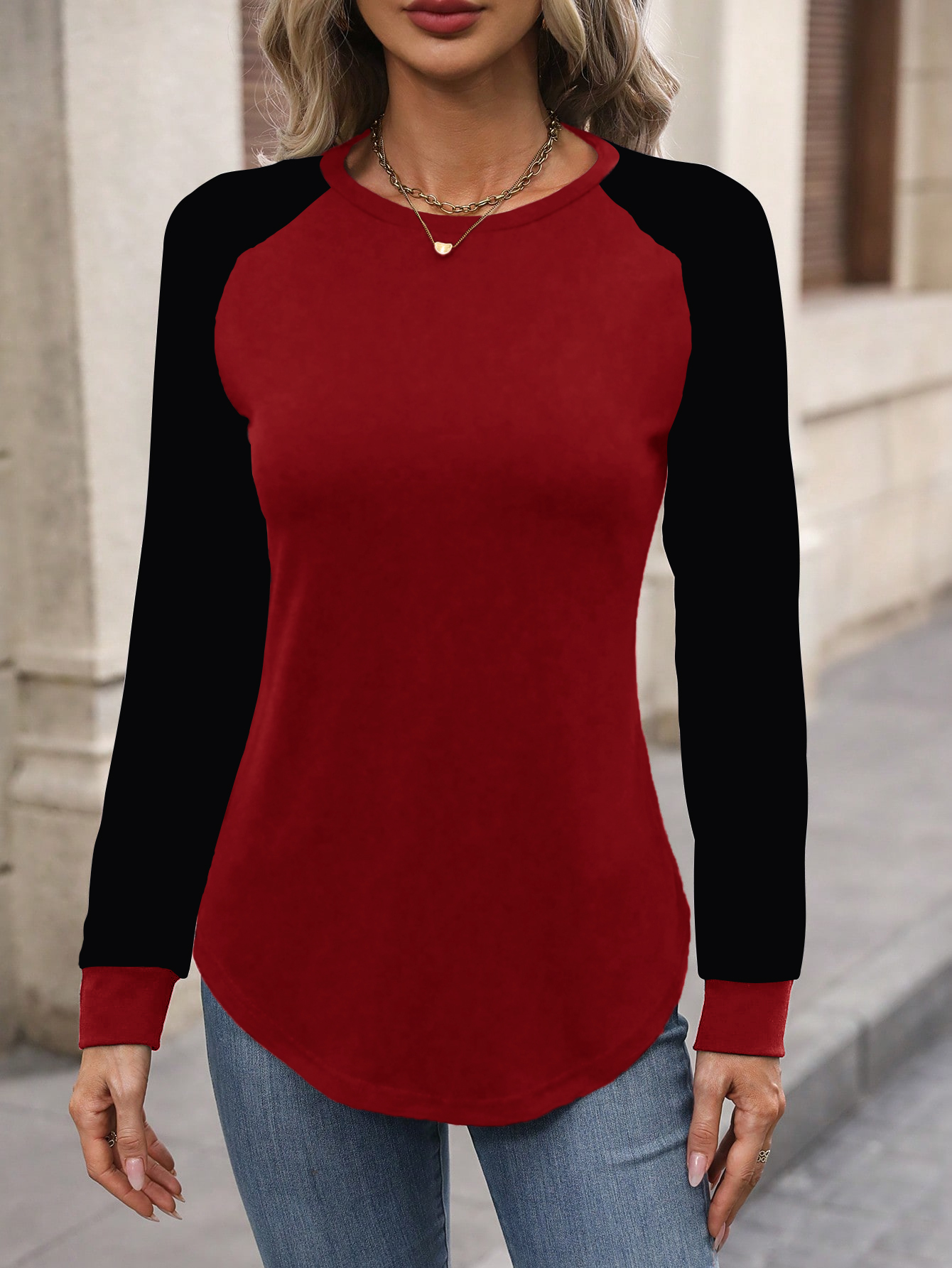 XH199 Women Casual Color Block Raglan Sleeve Long Sleeve T-Shirt, For Autumn Daily Wear Graphic Tees Women Tops For Spring Outfit