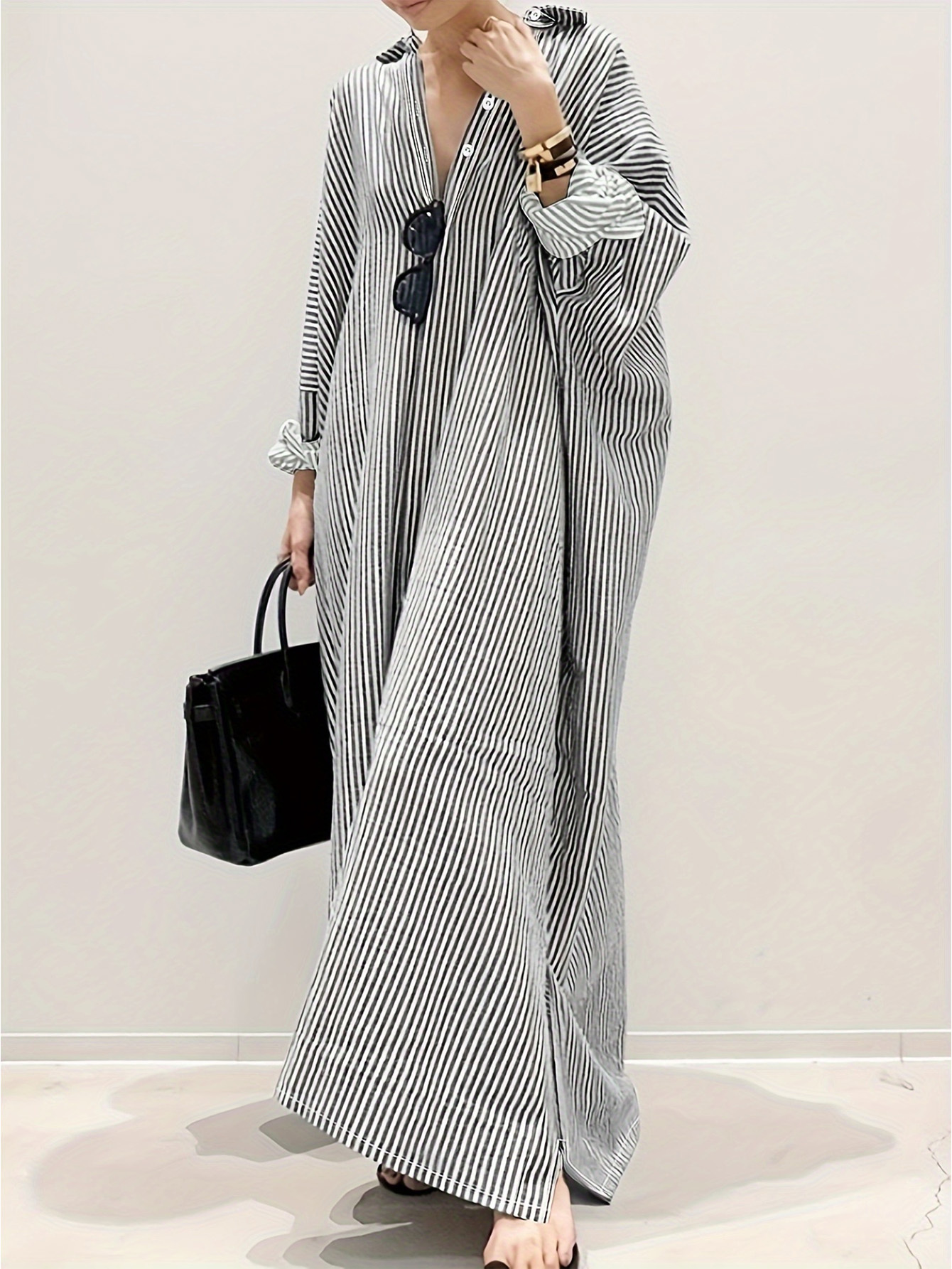 XH562 Women's Colorblock Striped Single Breasted Long Sleeve Loose Summer Vacation Style Dress Maxi Women Outfit Fall Cloth For Women