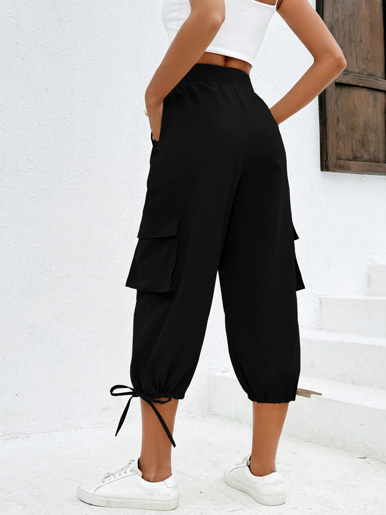 XD113 Women's Cargo Pants with Pockets Capris Wide Leg High Waisted Quick Dry Adjustable Cute Yoga Sweatpants Drawstring Elastic Waist Waterproof Gaucho Pants