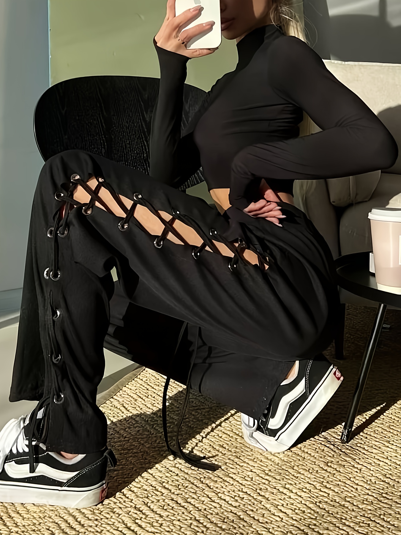 lgy196 Lady's pants Trendy side strap street style sport pants