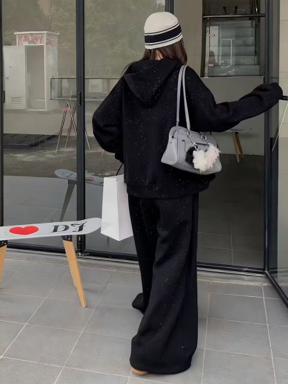 OA063 Women'S Hooded Coat and Straight-Leg Pants Set with Silver Accents - Casual Fall/Winter Outfit, Solid Color, Long Sleeve, Button-Up Front, Regular Fit, Perfect For Daily Wear, Casual Wear | Hooded Coat | Buttonup Front, Ladies Coats