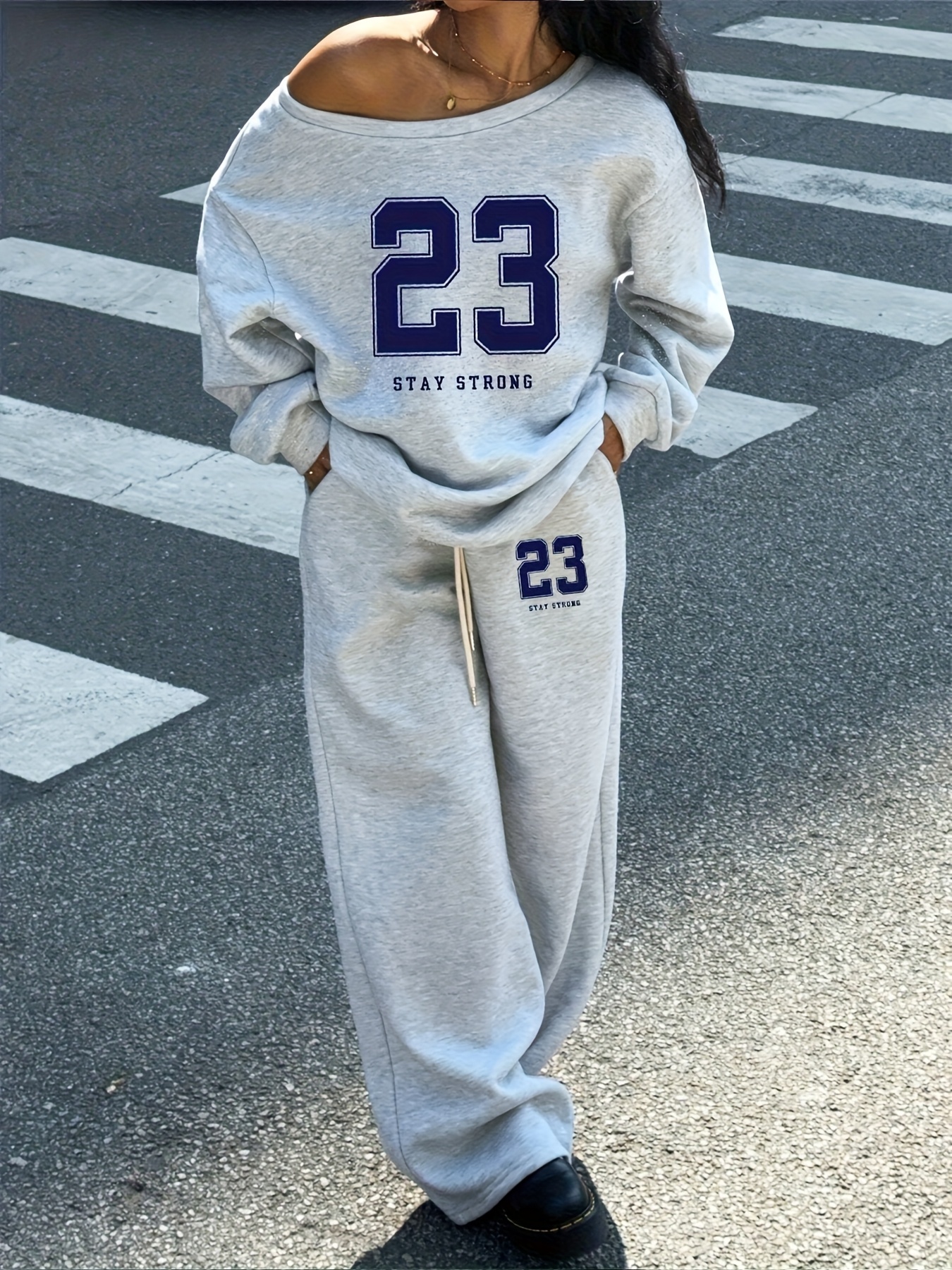 OA061 2pcs Women's 23 Number Graphic Wide Neck Off Shoulder Loose Sweatshirt And Wide-Leg Thick Warm Pants Set, Suitable For Autumn/Winter Back To School Teacher