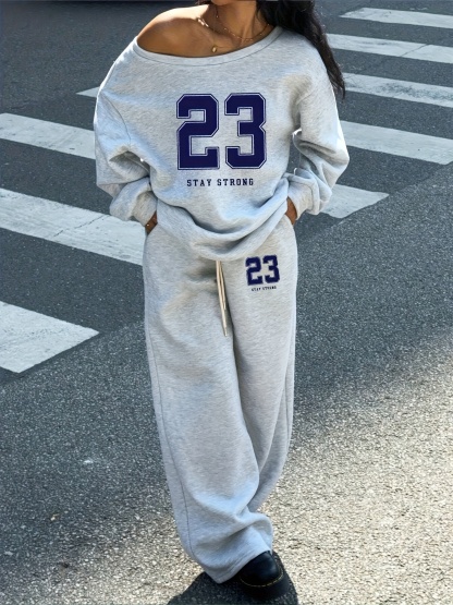 OA061 2pcs Women's 23 Number Graphic Wide Neck Off Shoulder Loose Sweatshirt And Wide-Leg Thick Warm Pants Set, Suitable For Autumn/Winter Back To School Teacher
