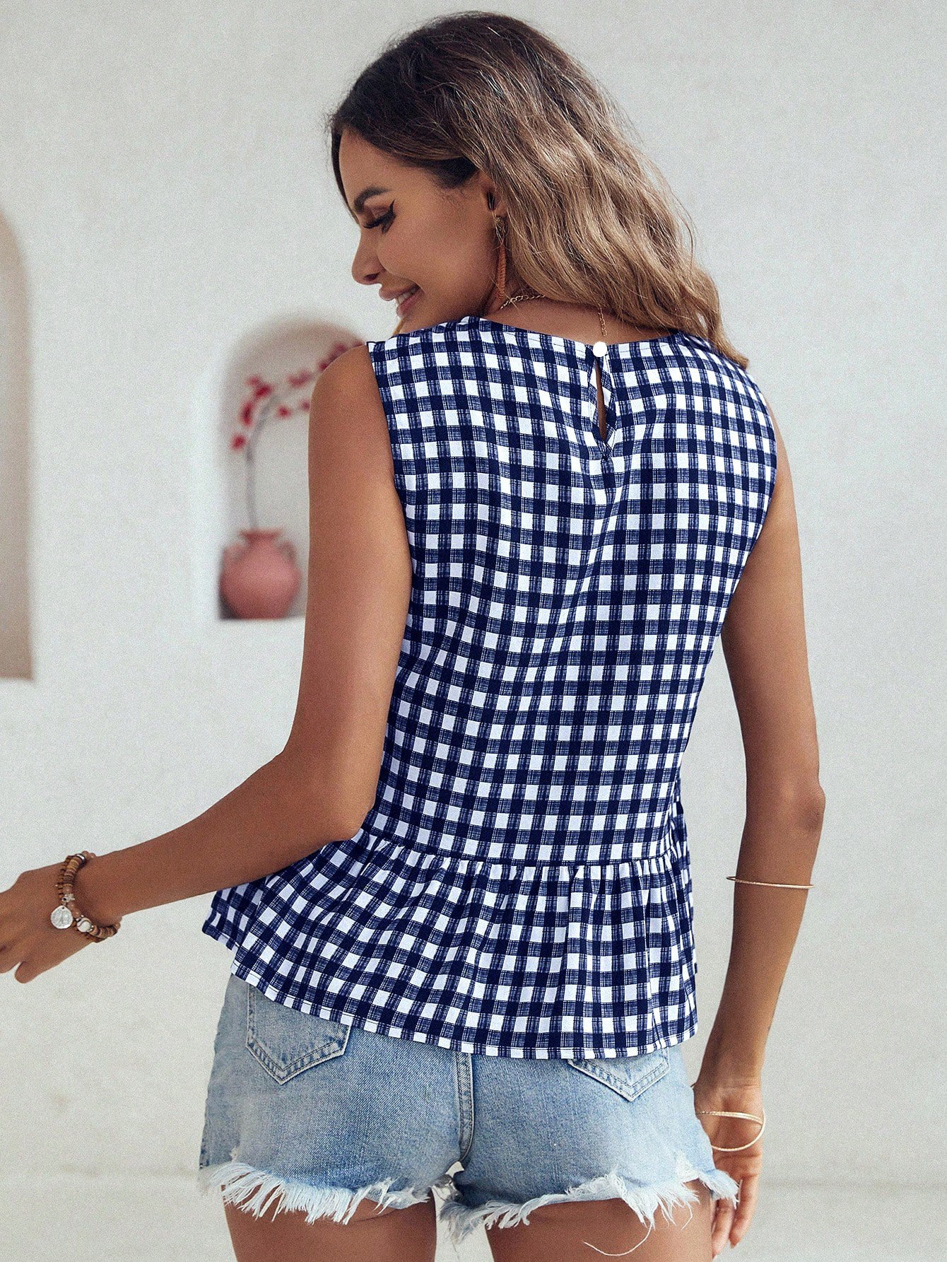 Women's Checkered Ruffle Hem Sleeveless Blouse Peplum Top